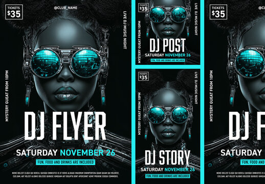 Cyan colored DJ Poster / flyer design with social media variation designs &ndash; ai generative background image