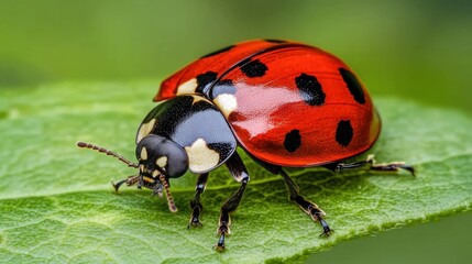 Obraz premium Detailed macro photo of ladybug on leaf, bright red color and black spots in sharp focus.