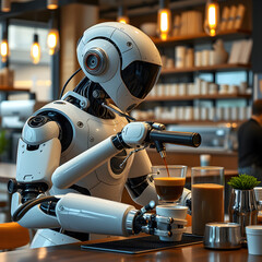 A robot is sitting at a bar and pouring a drink