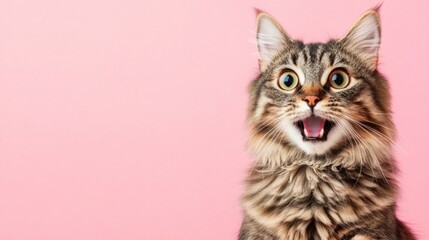 Obraz premium Cat looking shocked, paws up by face, pink background for contrast and copy space.