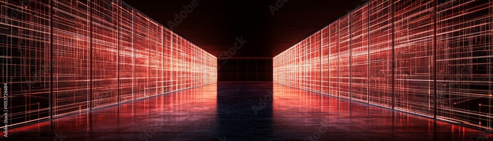 Poster a futuristic hallway illuminated by red digital patterns, creating a high-tech, cybernetic atmospher