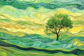 Abstract, vibrant landscape depicting wavy green and yellow fields with a tree. 