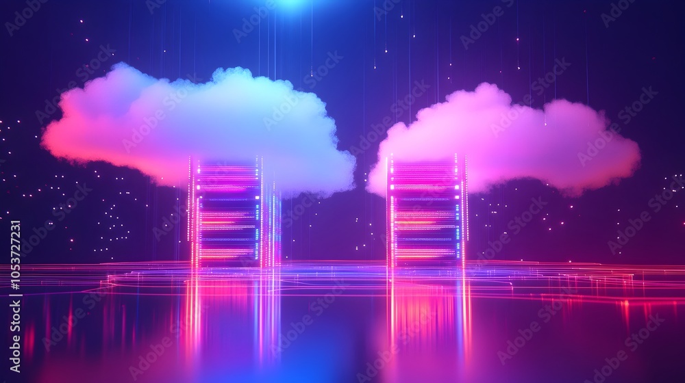 Poster glowing data stream connecting remote servers in atmospheric landscape