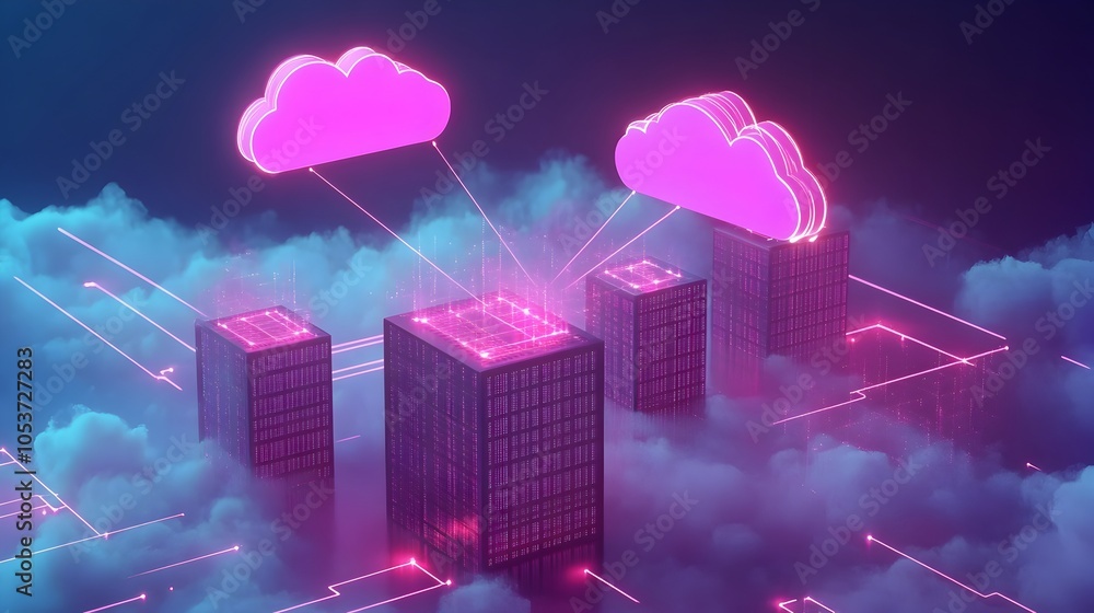 Poster glowing data stream connecting remote servers in futuristic cyber landscape
