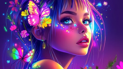 Fototapeta premium A digital painting of a woman adorned with butterflies in her hair, each tender strand held by a single butterfly