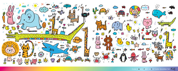 Obraz premium Collection of hand drawn cute doodles,Doodle children drawing,Sketch set of drawings in child style,Funny Doodle Hand Drawn,Page for coloring, cute animal hand drawn, cute Doodle