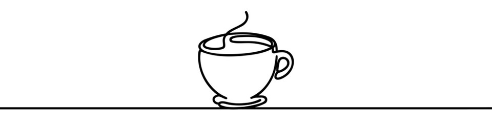 Minimalist continuous line drawing representing a cup of coffee on a saucer. Vector illustration.