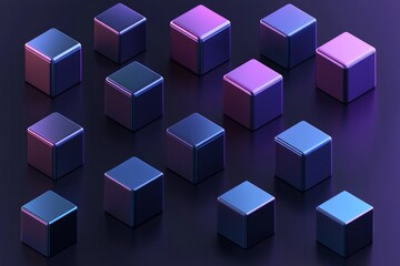 Obraz premium Cubes in different arrangement, dark blue and purple gradient color on a dark color background