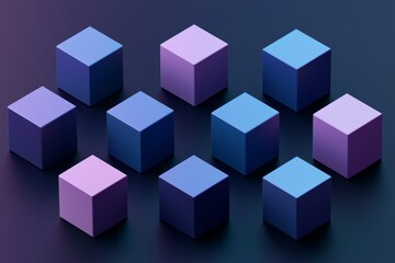 Obraz premium Cubes in different arrangement, dark blue and purple gradient color on a dark color background