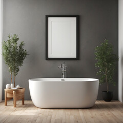 Modern Minimalist Bathroom Bathtub With A Large  Frame On The Wall, Interior Design Wall Art Mockups