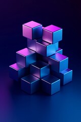 Fototapeta premium Cubes in different arrangement, dark blue and purple gradient color on a dark color background