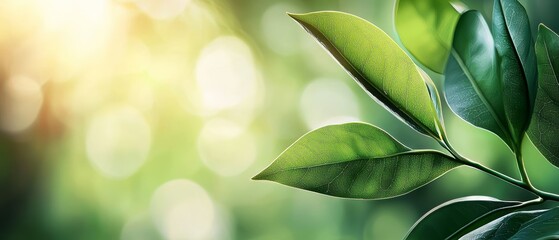 Obraz premium A tight shot of a green leaf on a branch, sunlight filtering through, background softly blurred