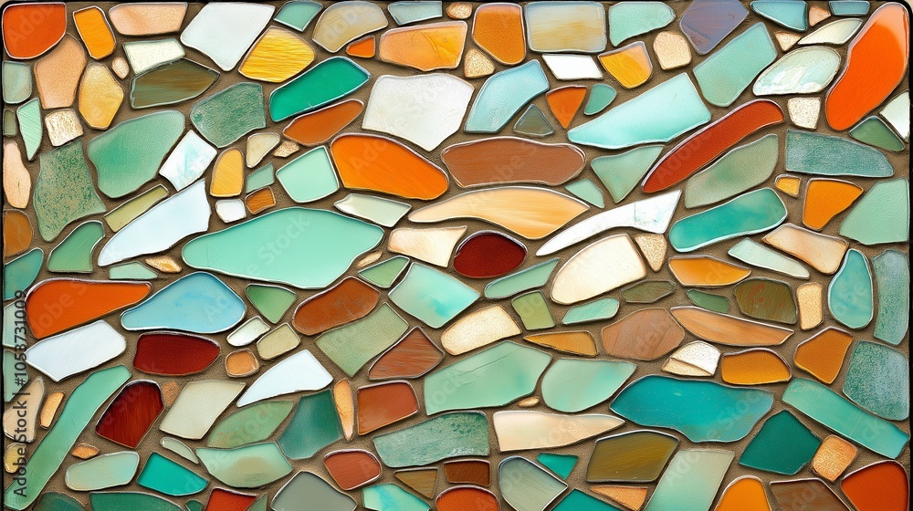 Poster abstract attractive background consisting of pieces of multicolored mosaic glass and rays of light. 