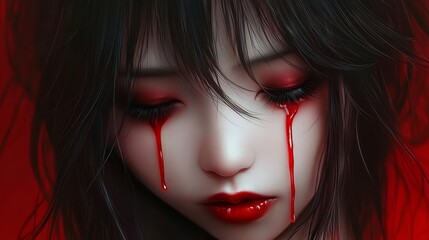 Fototapeta premium blood stains mar her complexion, eyes hidden behind a rivulet of crimson from her forehead