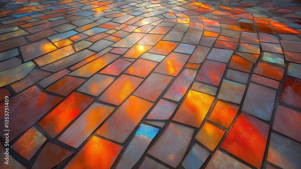 Poster abstract attractive background consisting of pieces of multicolored mosaic glass and rays of light. 