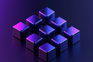 Fototapeta premium Cubes in different arrangement, dark blue and purple gradient color on a dark color background