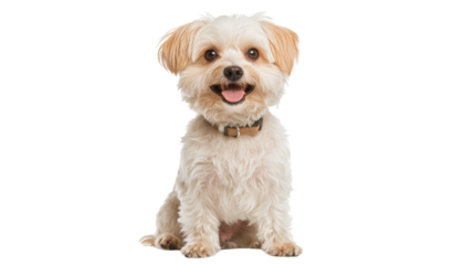 A cheerful small dog with fluffy fur poses happily against a white background, showcasing its playful and friendly demeanor.