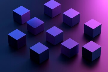 Obraz premium Cubes in different arrangement, dark blue and purple gradient color on a dark color background