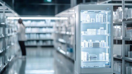 Shelves of Pharmaceutical Products and Medication in a Drugstore or Pharmacy