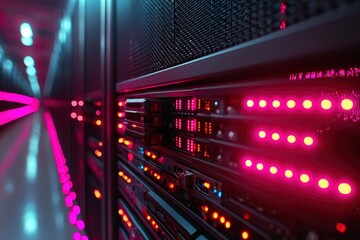 Server Rack with Illuminated Power and Status Lights