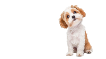 A cute, small dog with a fluffy coat and playful expression sits attentively against a white background, showcasing its endearing features.