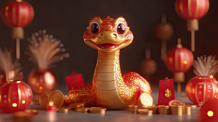 Chinese new year 2025. A snake with a traditional red Oriental lantern