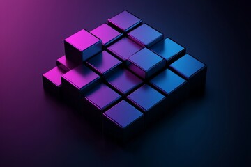 Cubes in different arrangement, dark blue and purple gradient color on a dark color background
