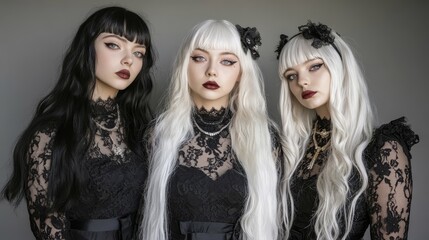 Naklejka premium Three women in long white wigs and black dresses with black lace detail stand together, their hair cascading down in identical length