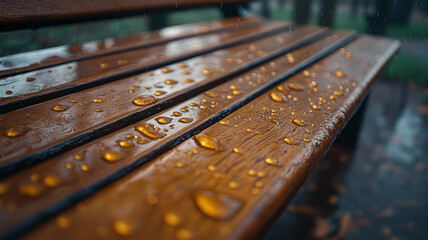 Wet wooden bench with raindrops on a rainy day