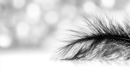 Obraz premium A black-and-white image of a bird feather with a blurred backdrop of a building