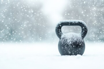 A kettlebell sits in a snowy landscape, surrounded by falling snowflakes, symbolizing winter fitness and outdoor workouts.
