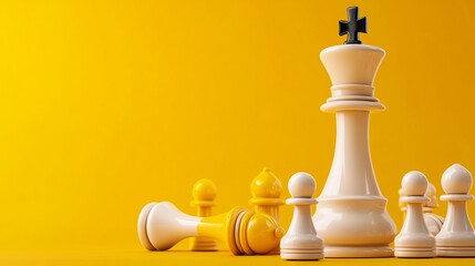 White chess pieces on a vibrant yellow background, showcasing strategic gameplay.