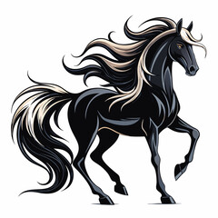 Obraz premium A powerful black horse with a flowing mane and tail, perfect for adding a touch of elegance to your designs. This majestic animal is an excellent choice for equestrian-themed projects, branding.