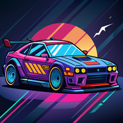 A vibrant and stylish illustration of a vintage sports car, rendered in a retro 80s aesthetic. This bold graphic features a sleek design, dynamic lines, and bold colors.
