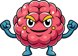 A cartoon raspberry with a determined expression, flexing its muscles. This fun and cheeky illustration is perfect for adding a touch of humor to your designs. Use it for food-related projects.