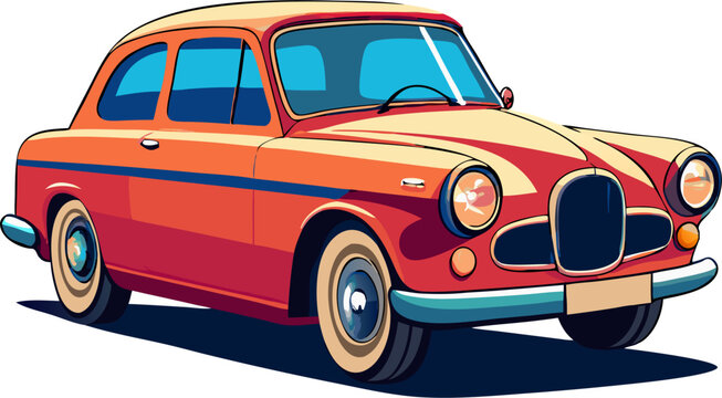 recommend clip art: A classic car illustration, perfect for vintage-themed projects, automotive designs, or any design needing a retro touch. This charming illustration features a red sedan with a detailed exterior.