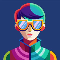 Geometric portrait of a woman wearing sunglasses, with bold colors and modern design. Perfect for adding a touch of style and individuality to your projects.