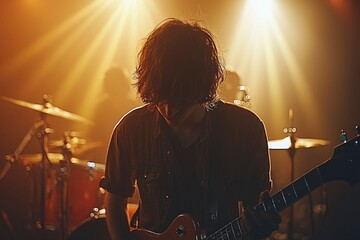 Obraz premium A Musician Playing a Guitar in a Darkened Room with Spotlights