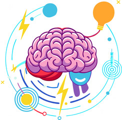 A cheerful illustration depicting a brain with a lightbulb, symbolizing creativity, innovation, and the power of ideas. Perfect for educational materials, motivational posters.