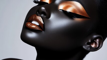  A woman's face adorned with gold and black makeup, accentuated by silver eyeliner against a silvery background