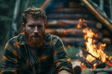 Obraz premium Generative AI image of a handsome virile bearded woodcutter at work in a traditional woodworking workshop