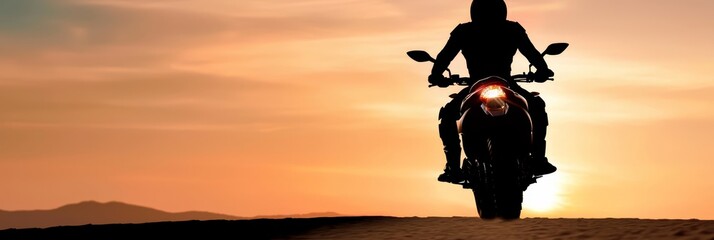Fototapeta premium A person silhouetted against a sunset backdrop, standing next to a motorcycle