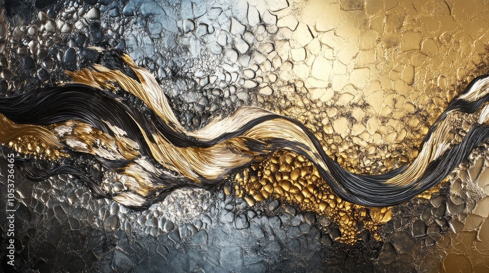 Poster flowing metallic shapes in an intricate abstract, capturing sophistication and complexity for art en