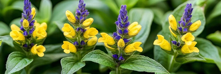 Obraz premium A yellow and purple flower arrangement on a lush, green-leafed plant