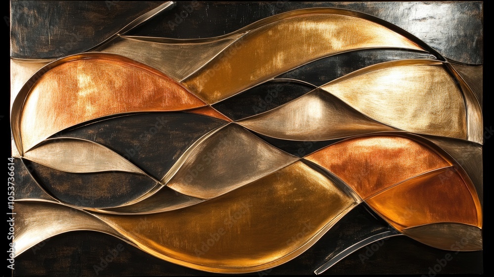 Poster flowing metallic shapes in an intricate abstract, capturing elegance and complexity ideal for fine a