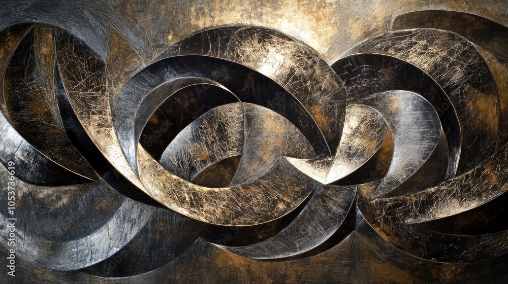 Poster flowing metallic shapes in an intricate abstract, capturing elegance and complexity ideal for fine a