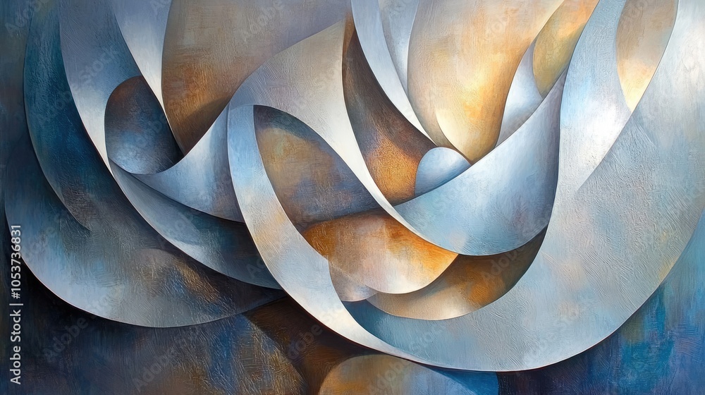 Poster intricate metallic shapes in a flowing abstract, capturing the elegance and complexity that appeals 