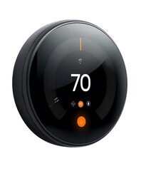 Naklejka premium Modern smart thermostat displaying a temperature of 70 degrees. Isolated on transparent white background, png