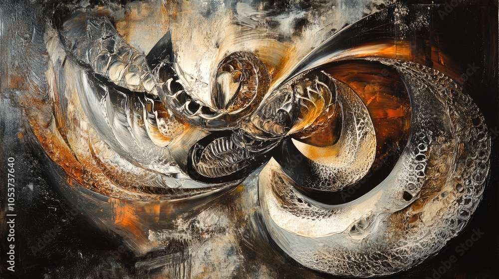 Poster an abstract of metallic forms with intricate flow, symbolizing elegance and appealing to refined art