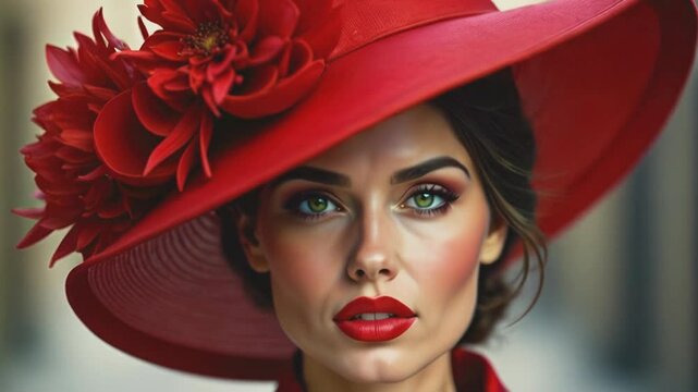 A woman with striking makeup, wearing a bold red hat with a textured brim and a matching red outfit. Her gaze is intense, enhancing the vibrant, dramatic look.
